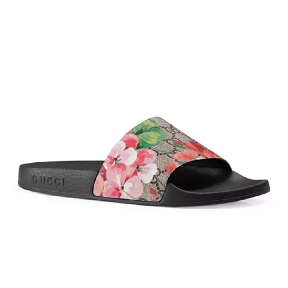 Gucci Black Slides with Vibrant Floral Strap